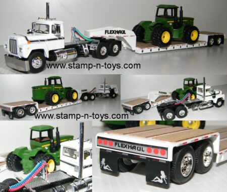 snt custom 0100 Mack R Model Day Cab pulling a Flexhaul tandem-axle Lowboy w/John Deere Load