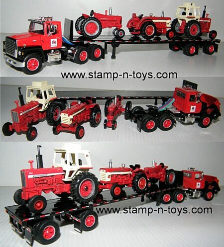 snt custom 0136 Vintage Ford LTL-9000 day cab w/flatbed, IH logos and IH tractor load.