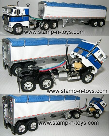 snt custom 0099 White Freightliner COE pulling a 34' Wilson Hopper Bottom Grain Trailer