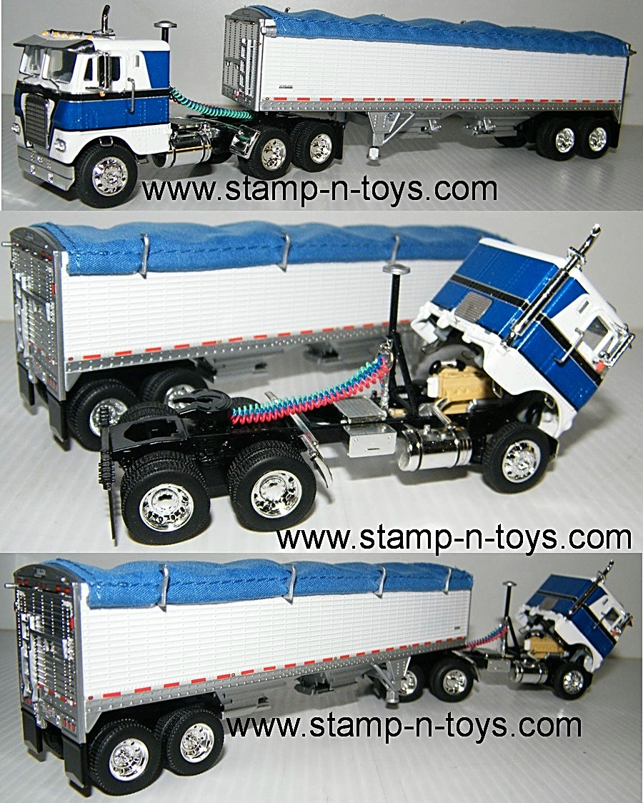 snt custom 0099 White Freightliner COE pulling a 34' Wilson Hopper Bottom Grain Trailer