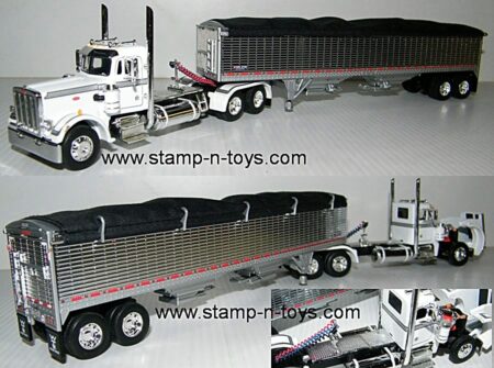 snt custom0158 Peterbilt 359 Day Cab pulling a chrome sided Wilson Hopper Grain Trailer