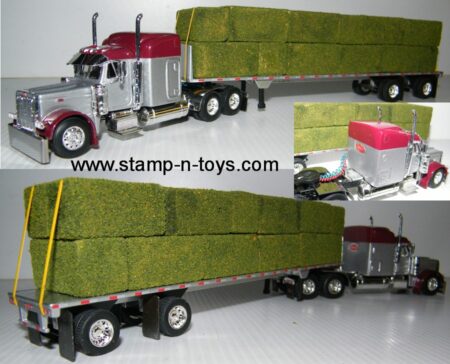 snt custom 0142 Peterbilt 379 w/63" Midroof pulling a 45' Penjoy S/A Flatbed w/square bale hay load