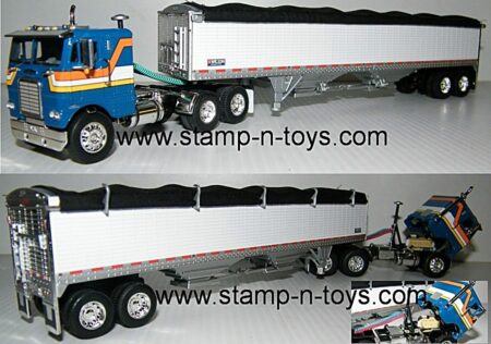 snt custom 0173 White-Freightliner Cabover pulling a Wilson chrome 43' Grain Trailer