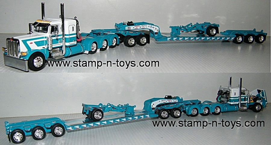 1st Gear/DCP 60-2131 Peterbilt 389 3-axle pulling a Fontaine Lowboy Trailer w/Jeep, Spreader, & Flip Axle